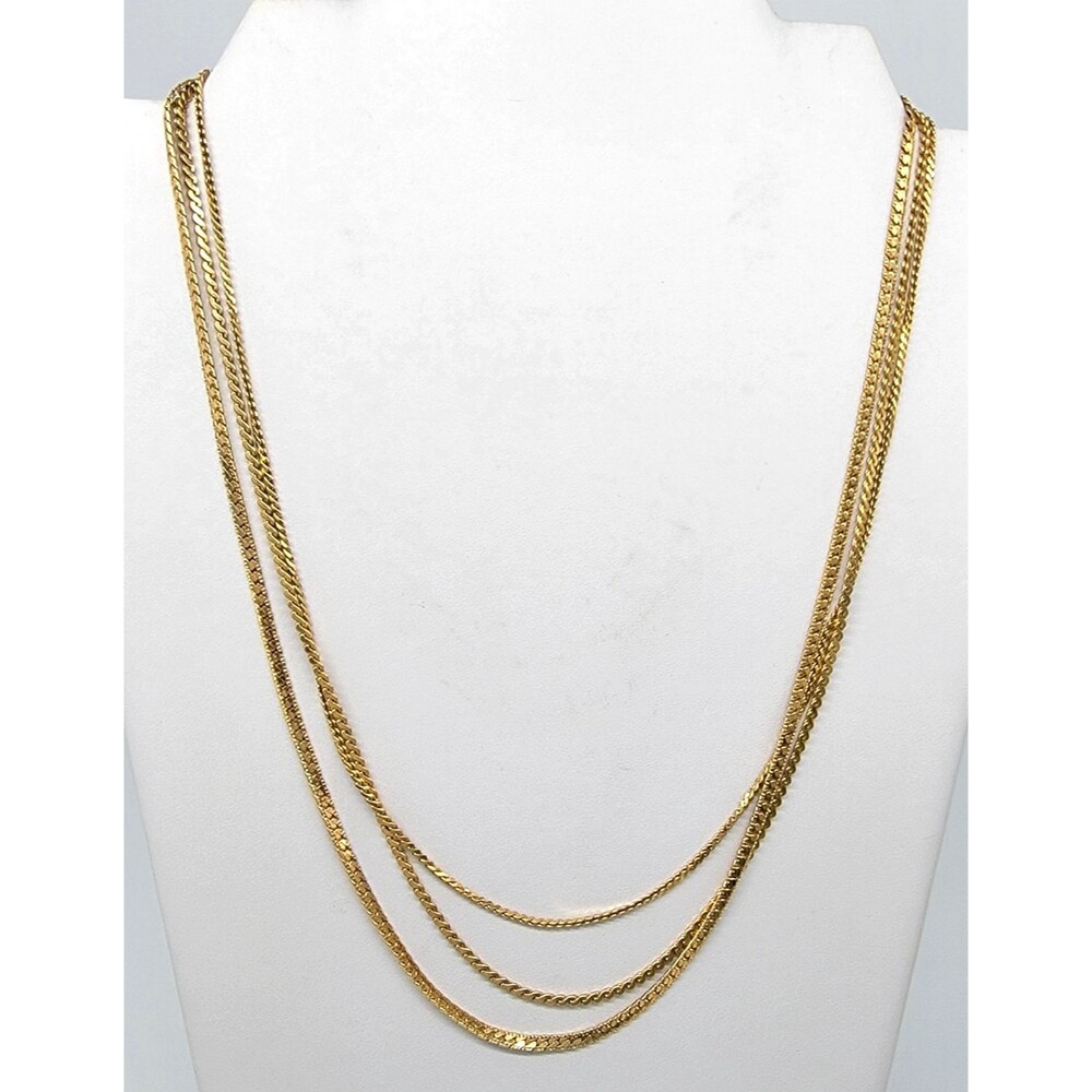 Gold Tone Layered Necklace Herringbone Curb Chain Multi Strand Unsigned Vintage